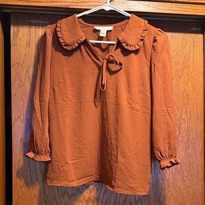 Chic Ruffle Collar Blouse in Warm Brown